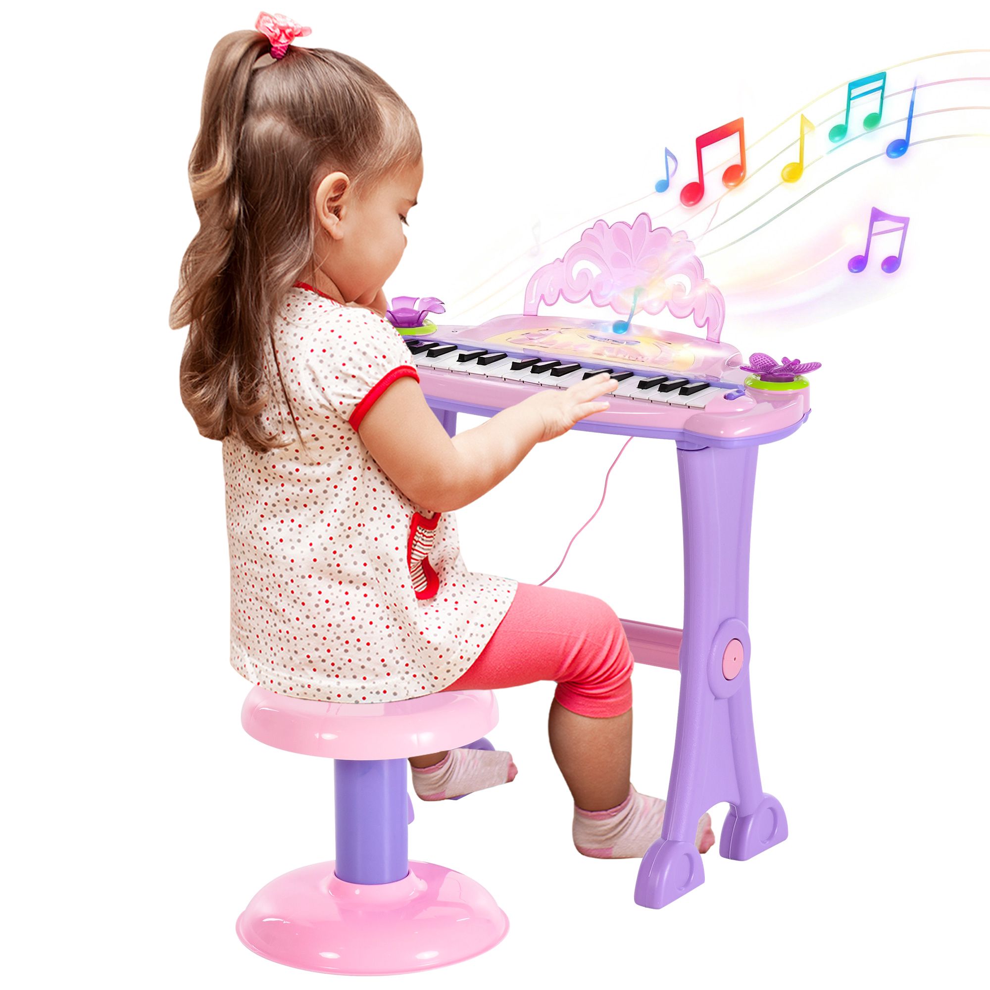 HOMCOM 32-tangenters elektroniskt keyboard för barn, musikaliskt leksakspiano för barn med mikrofon, pall, ljus, olika ljud, rytmer, melodier, MP3-karaoke, undervisningsläge, rosa