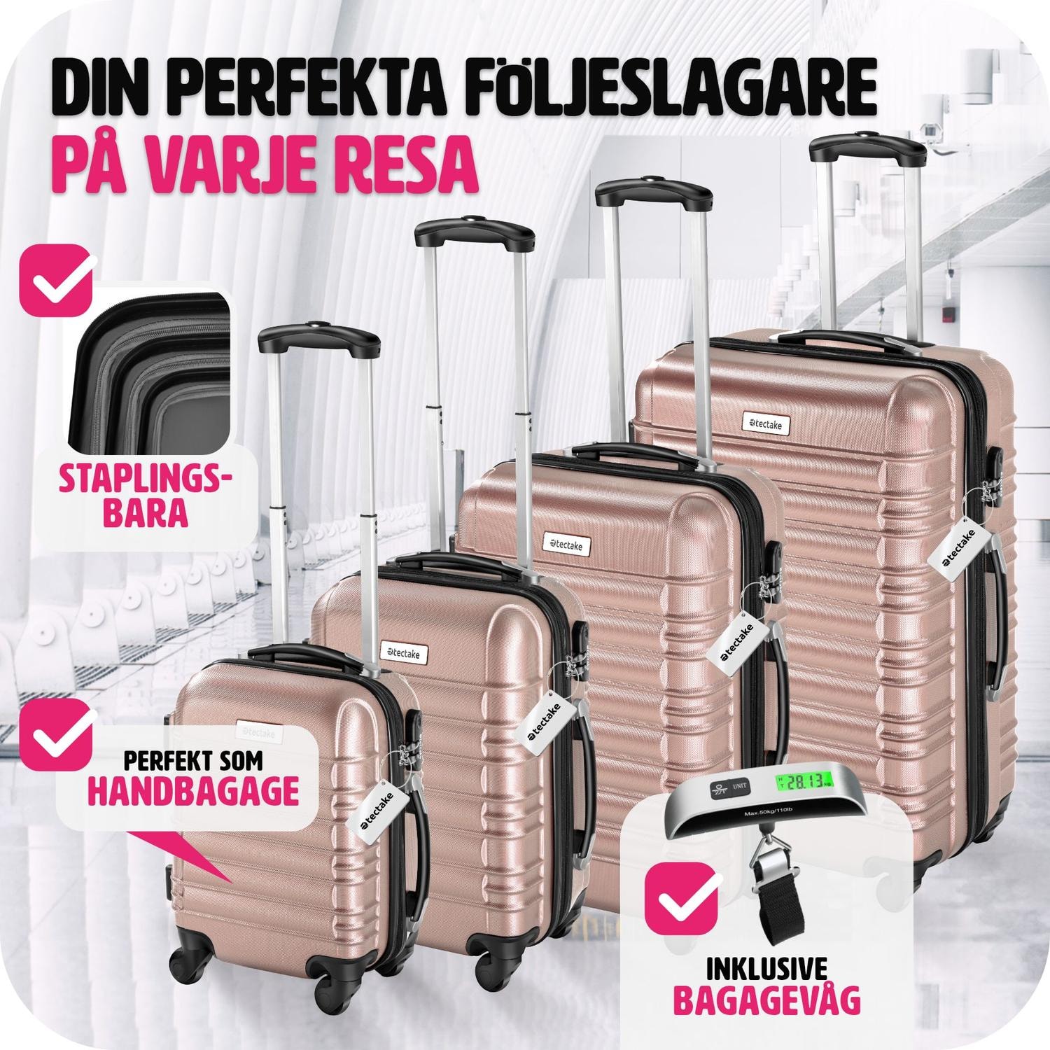 Resväskeset Mila - 4 resväskor, bagage med bagagevåg och namntaggar - roséguld (3 av 12)