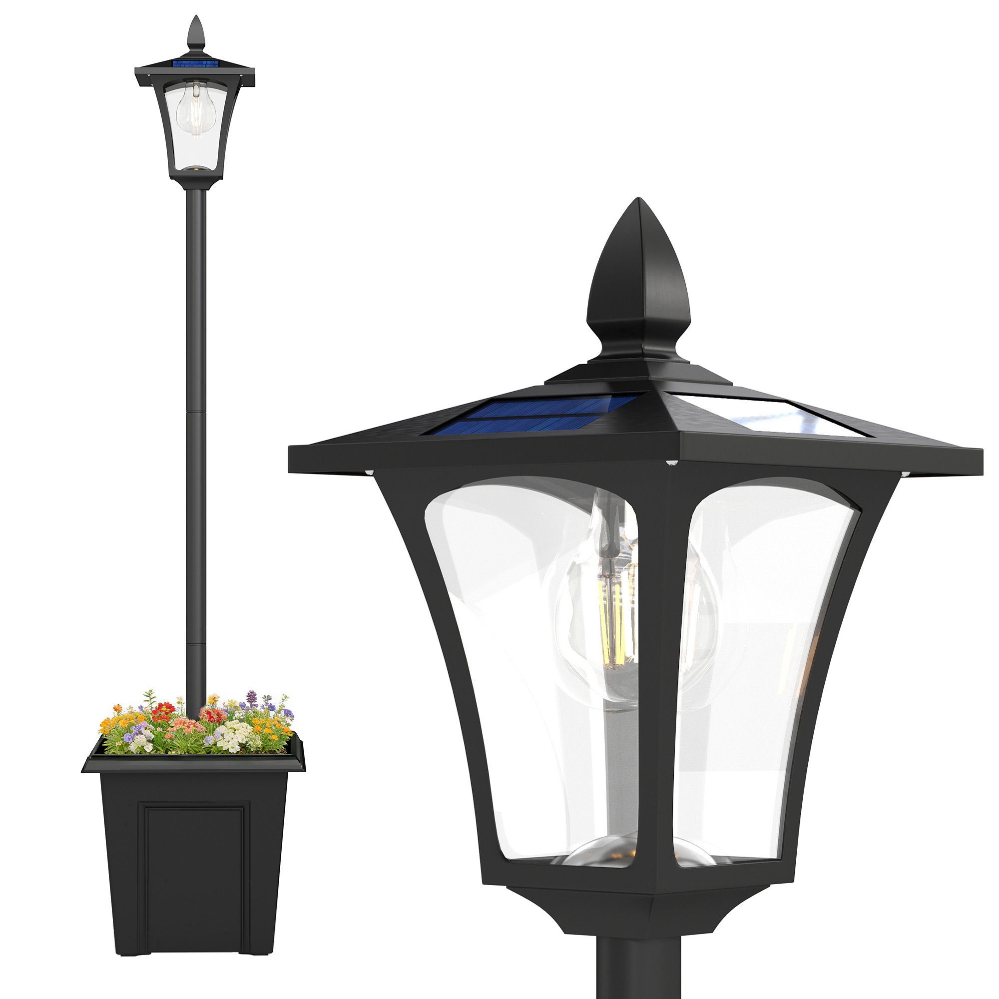 Solcellsgatubelysning för trädgården med blomkruka, aluminiumstolpe, IP44, automatisk på/av, 33x33x160 cm, svart