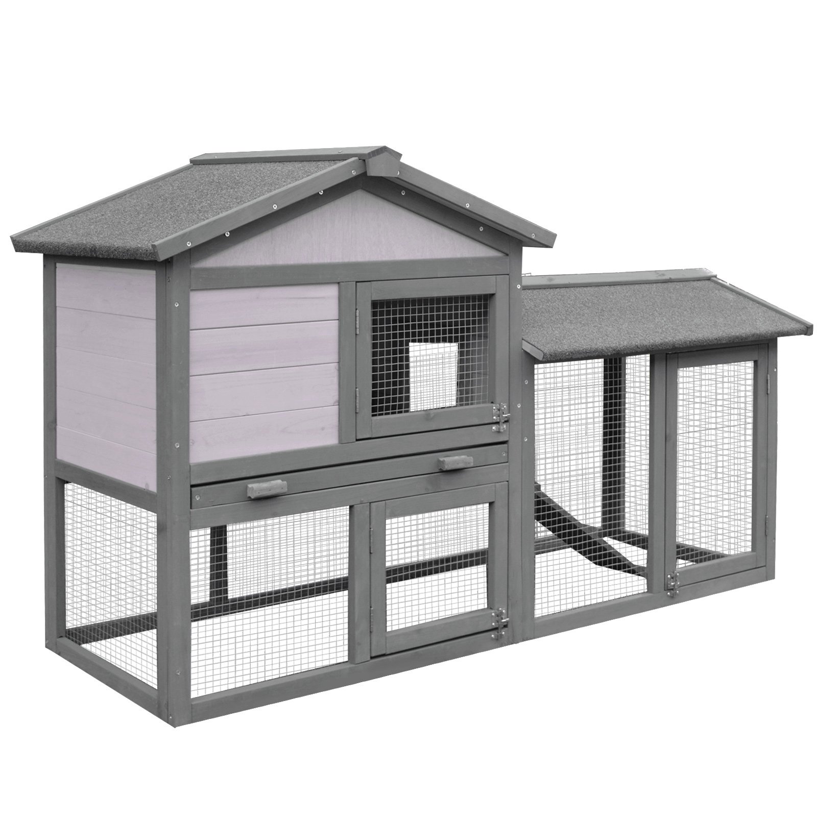 Utomhuskaninbur i trä med hus, öppet, slutet utrymme och tak 147x54x84cm