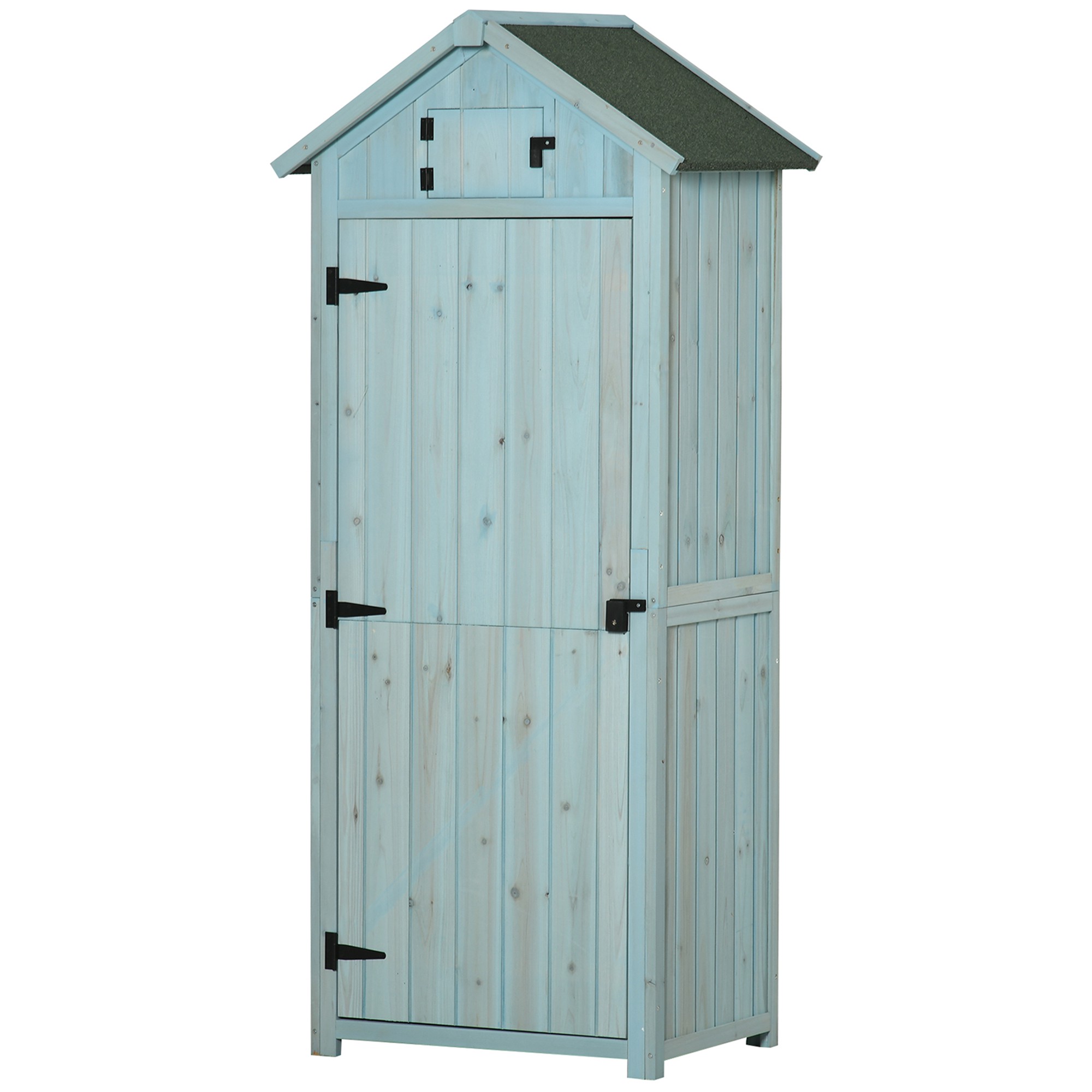 Outsunny trädgårdsskjul för utomhusbruk, redskapsskjul i trä, 3 hyllor, 2 dörrar med spärrar, sluttande bitumentak, 77L x 54B x 179H cm, behandlad gran, blå