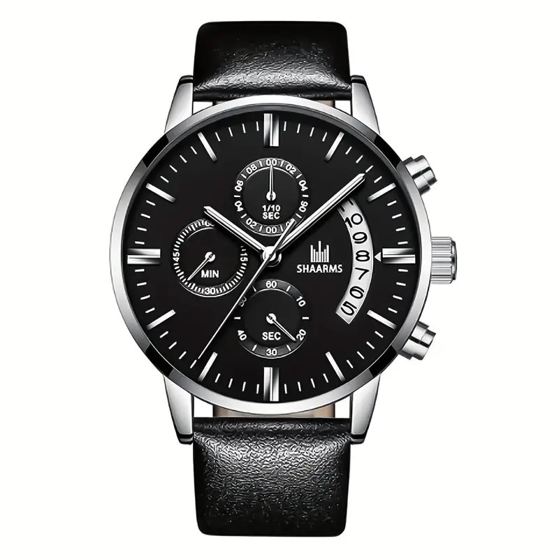 Quartz Klocka med datum / Armbandsur med Läderarmband (1 av 4)