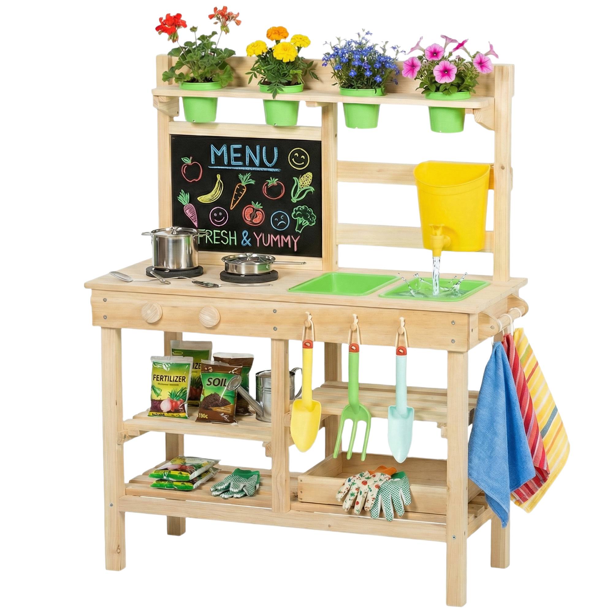 Träleksakskök för utomhusbruk med blomkrukor, handfat, kran och redskap i rostfritt stål