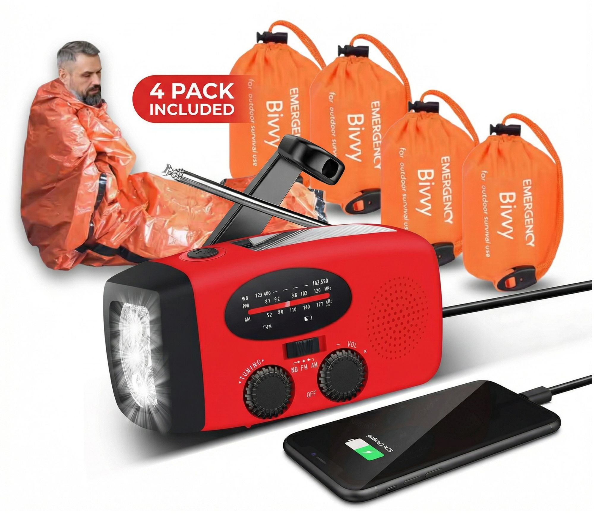 Nödkit Survival Bundle – Vevradio med solceller + 4-pack Emergency Bivvy sovsäckar - Krisradio Powerbank Outdoor Survival