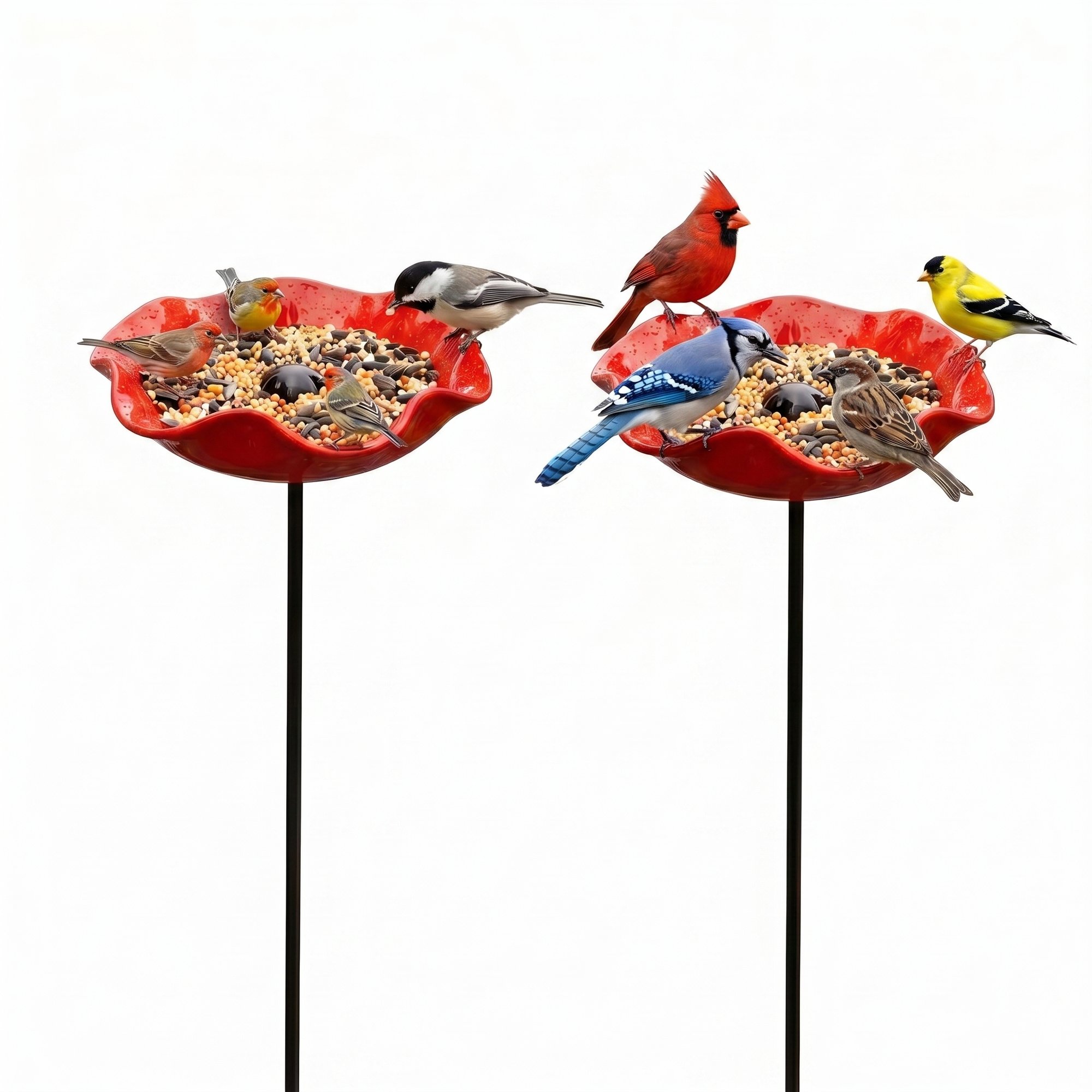 2-pack Fågelbad och Fågelmatare i Metall – Röd Blomformad Trädgårdsdekoration på Stativ, 60 cm