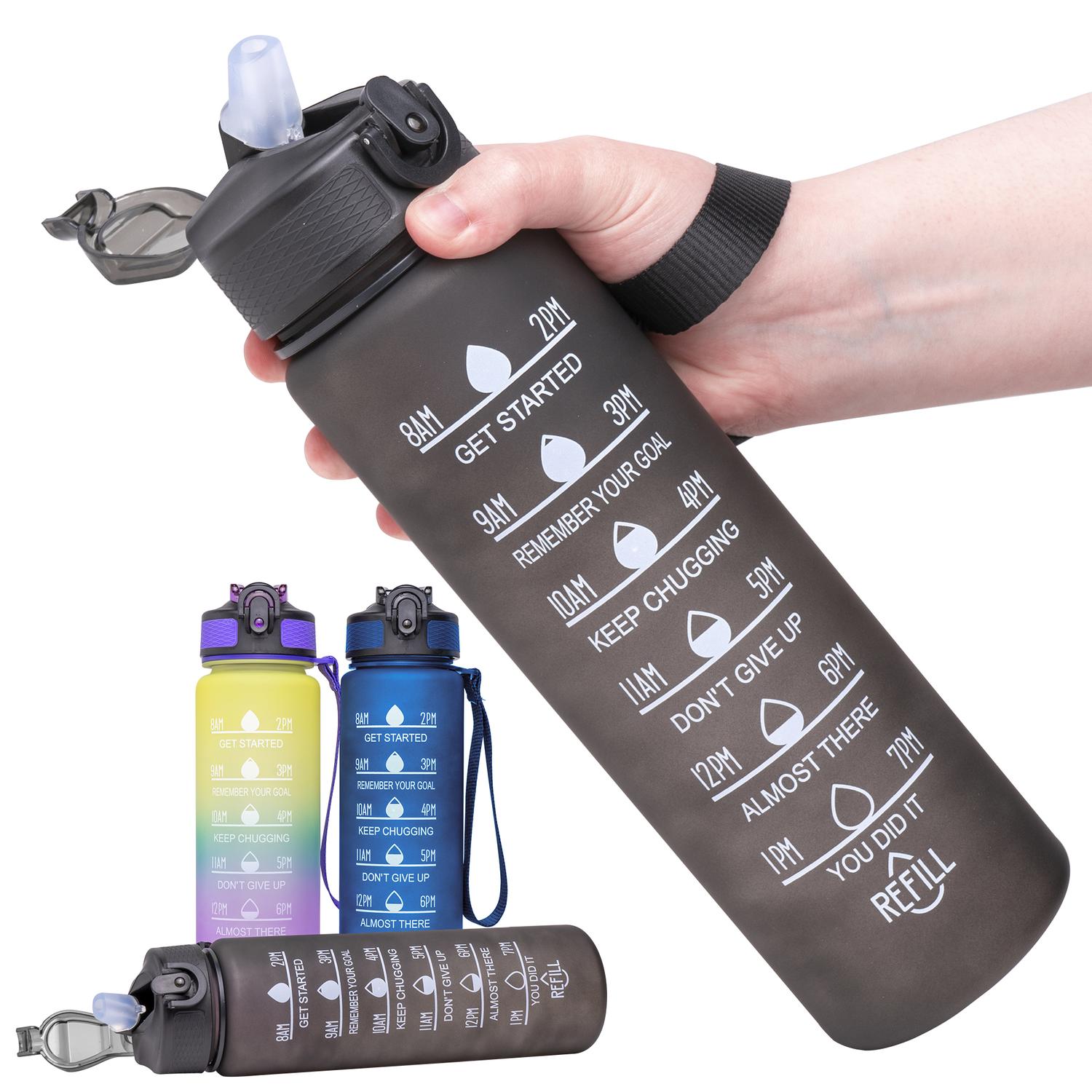 Vattenflaska med sugrör och tidsmarkör 1 L