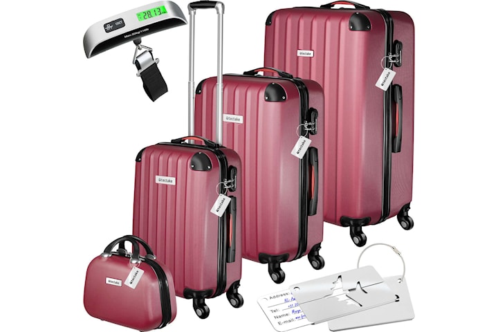 Resväskeset Cleo, 4 resväskor med bagagevåg och taggar - vinröd