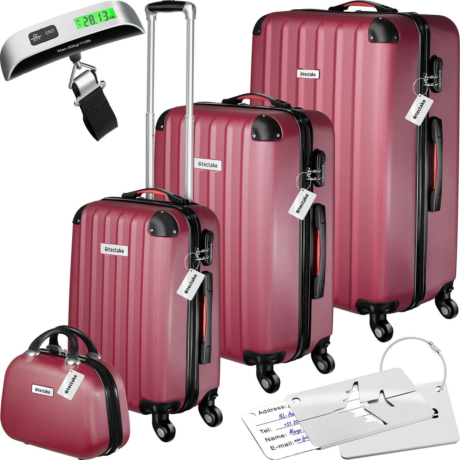 Resväskeset Cleo, 4 resväskor med bagagevåg och taggar - vinröd (1 av 12)