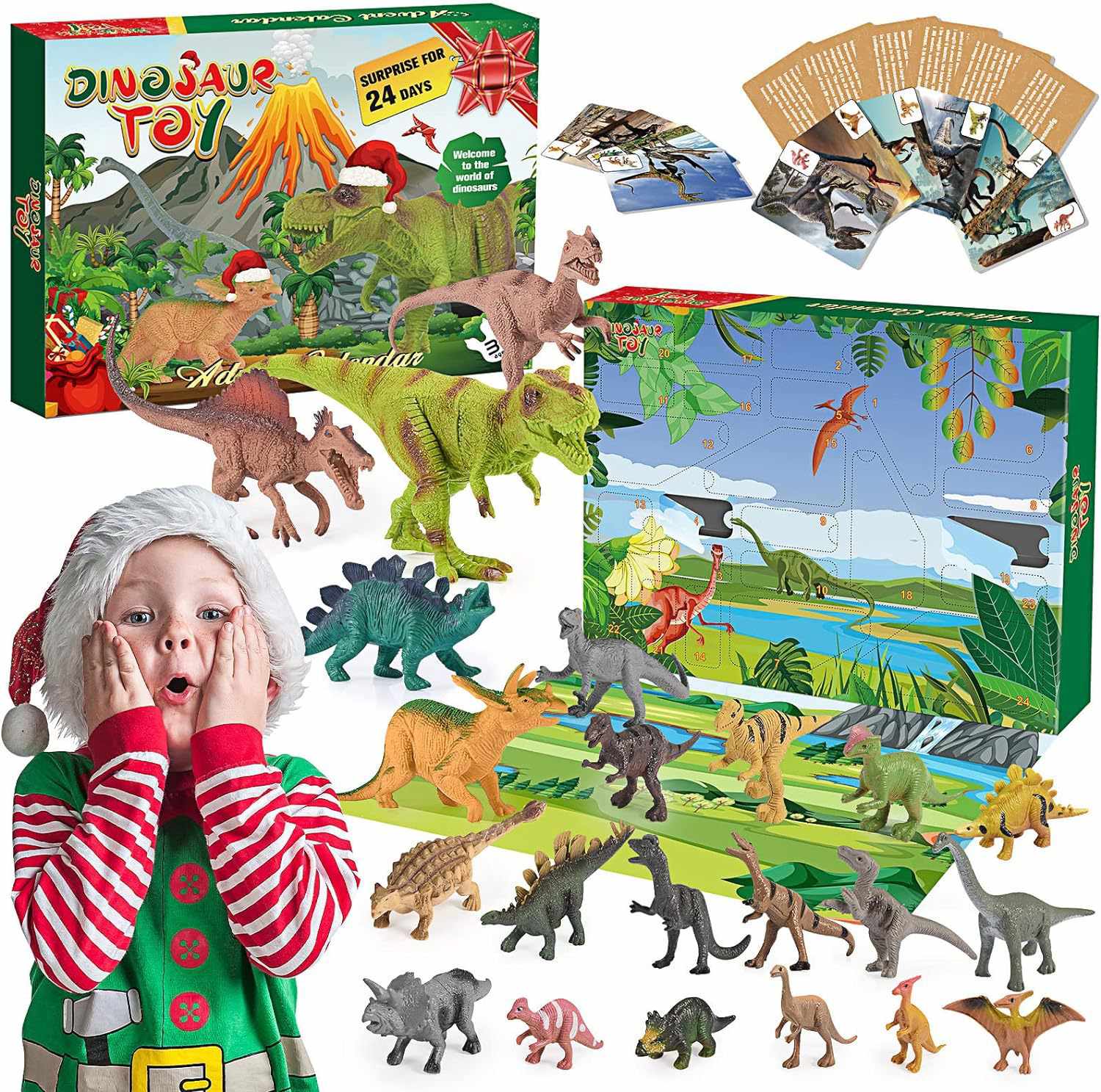 Adventskalender 2026 – Julkalender med dinosaurieöverraskningsfigurer och spelkort