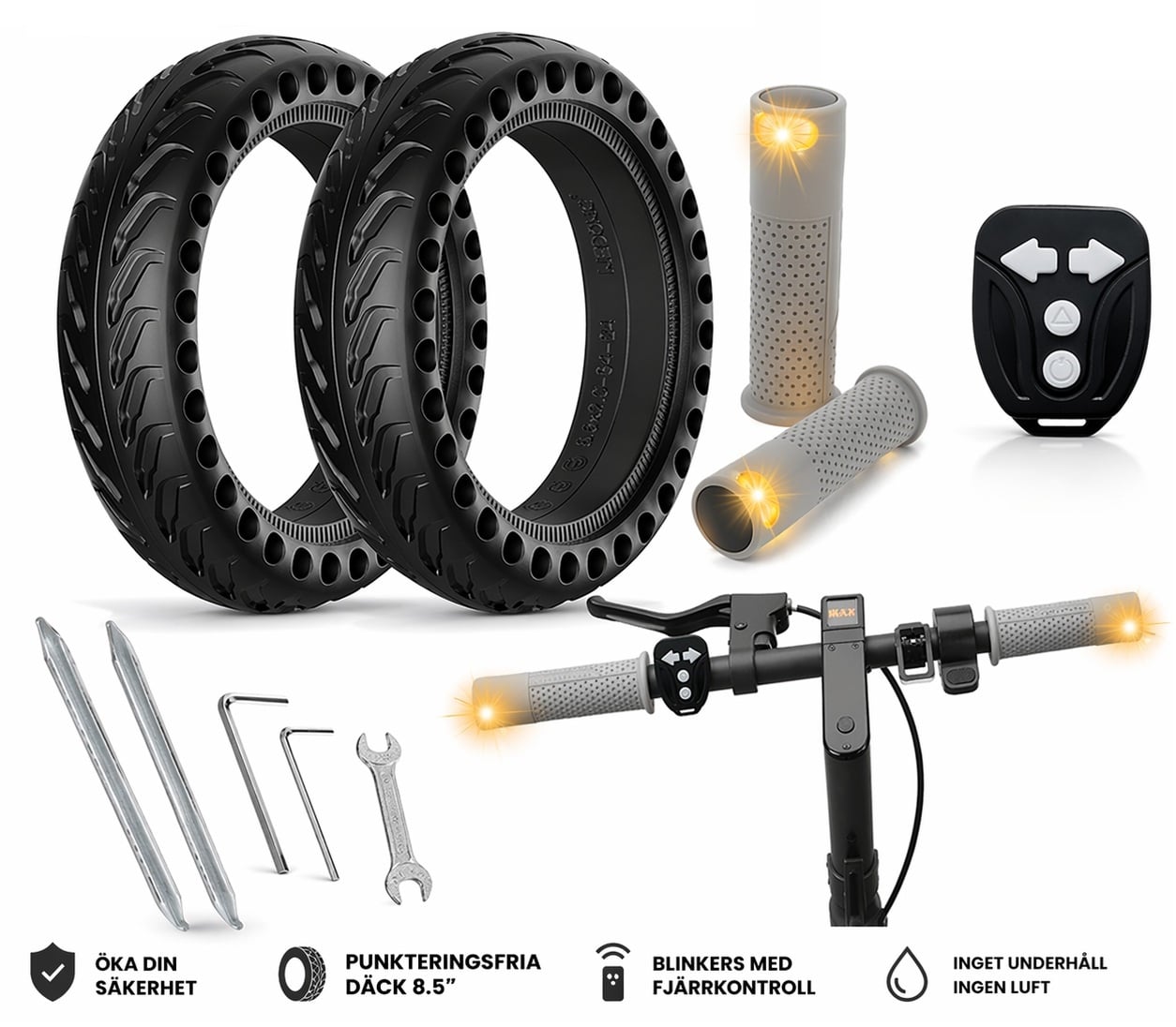 Punkteringsfria däck 8.5" 2-pack + blinkers med fjärrkontroll – Xiaomi M365 Pro Pro2 1S elsparkcykel elkick scooter tillbehör handtag