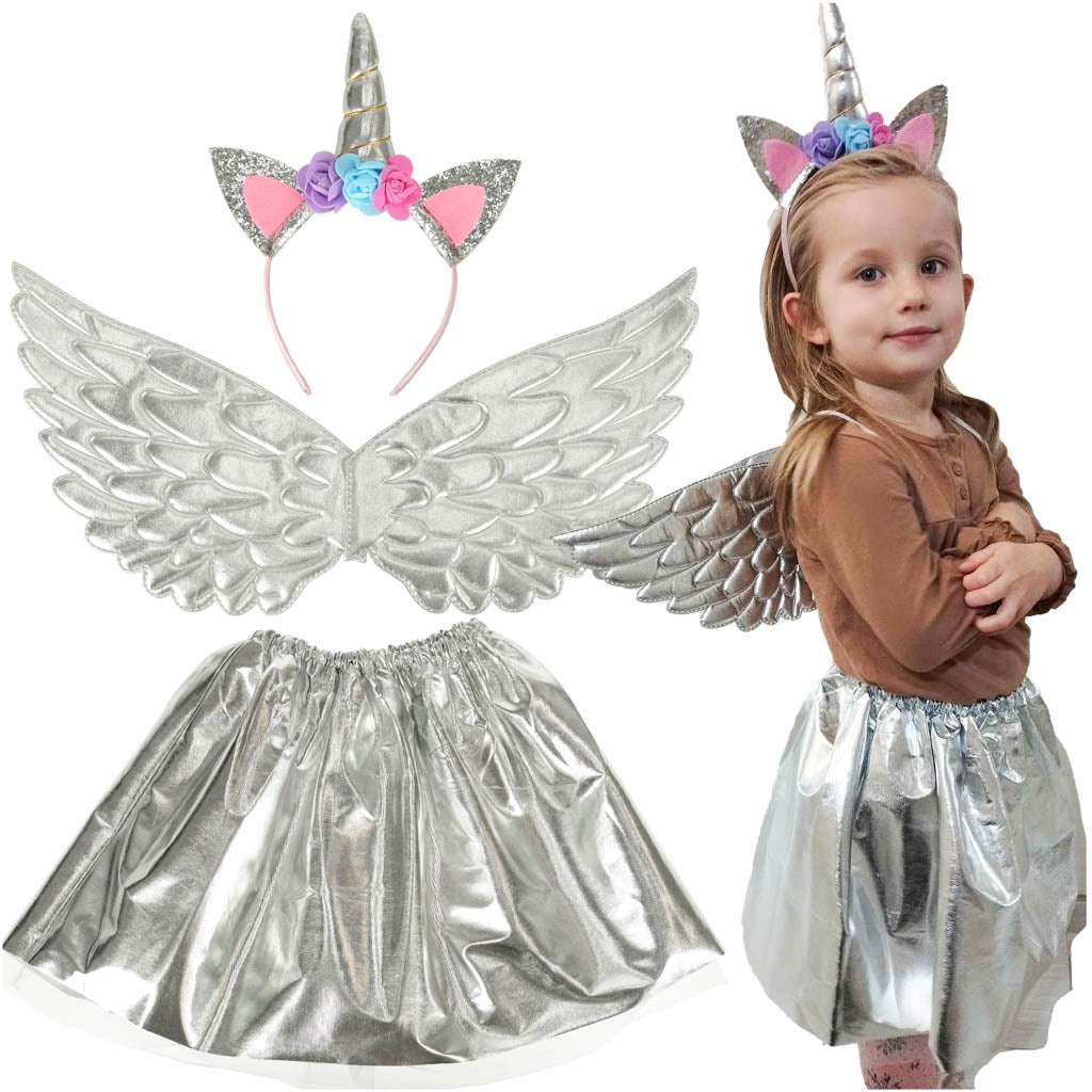 Unicorn maskeradkostym barn 3+ set med kjol, magnetvingar & horn