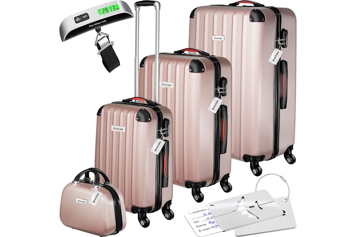 Resväskeset Cleo, 4 resväskor med bagagevåg och taggar - roséguld