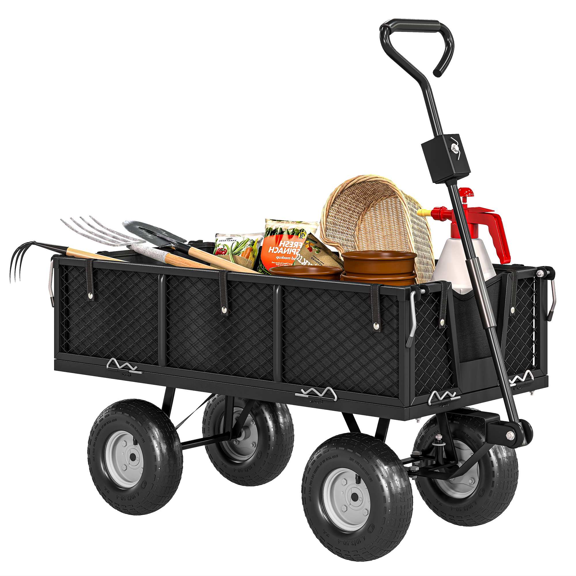 Trädgårdsvagn med stora hjul, avtagbar vattentät väska och roterande handtag, 300 kg lastkapacitet, 105x51x54 cm, svart