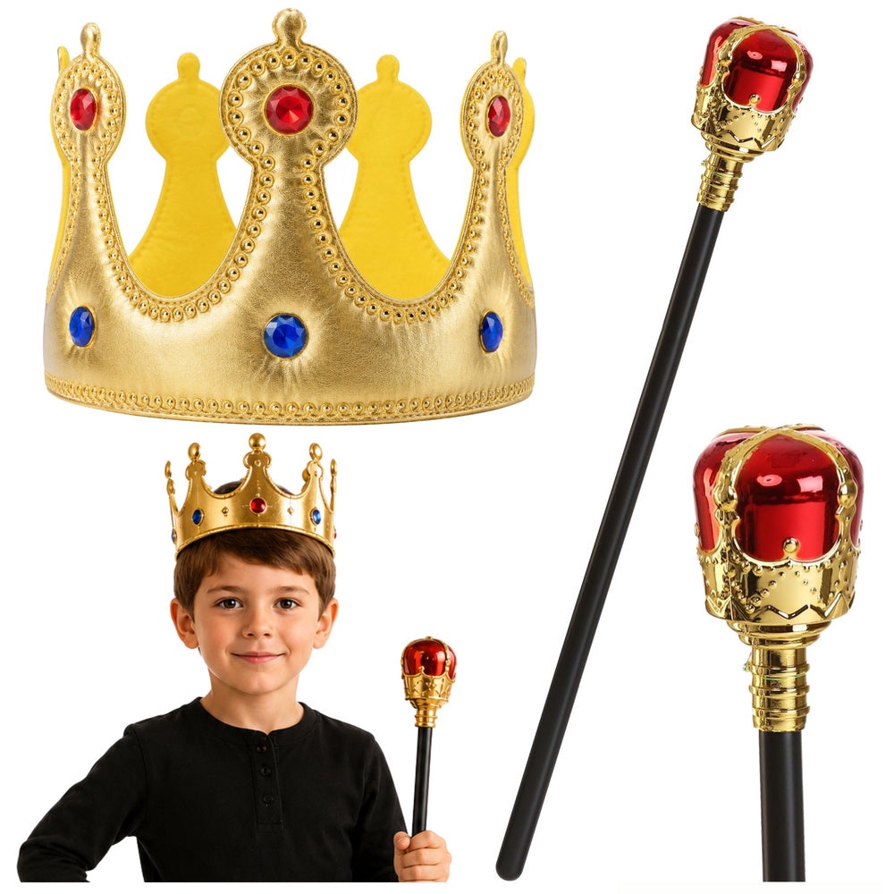 Kungligt set barn krona och spira guld 26 cm/47 cm plast/tyg