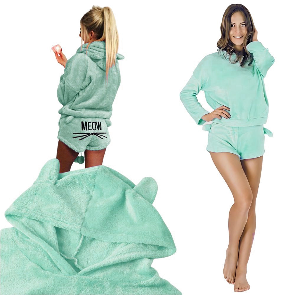 Pyjamasset dam 2-delat bomull blå långärmad tröja + shorts stl L