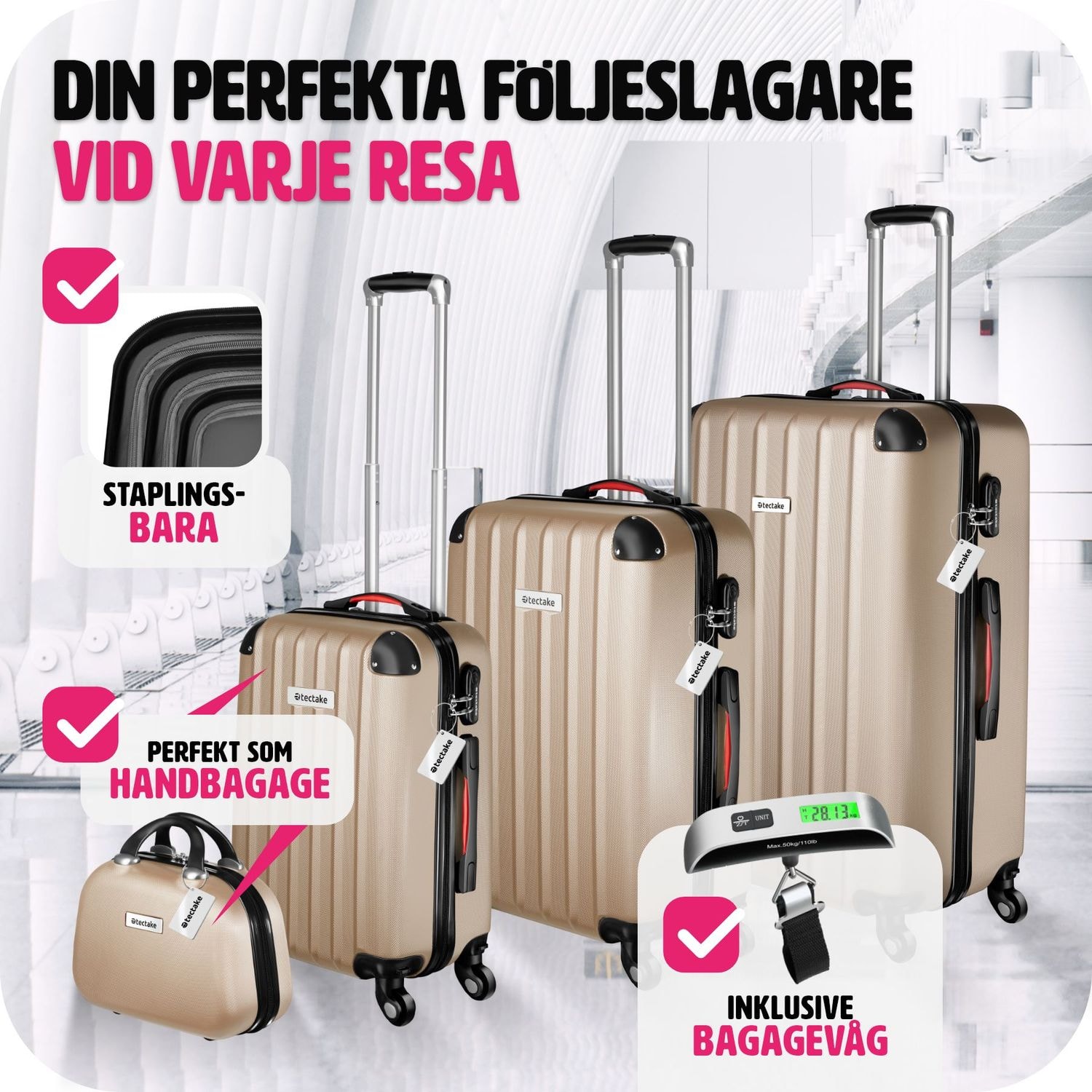 Resväskeset Cleo, 4 resväskor med bagagevåg och taggar - champagne (3 av 12)