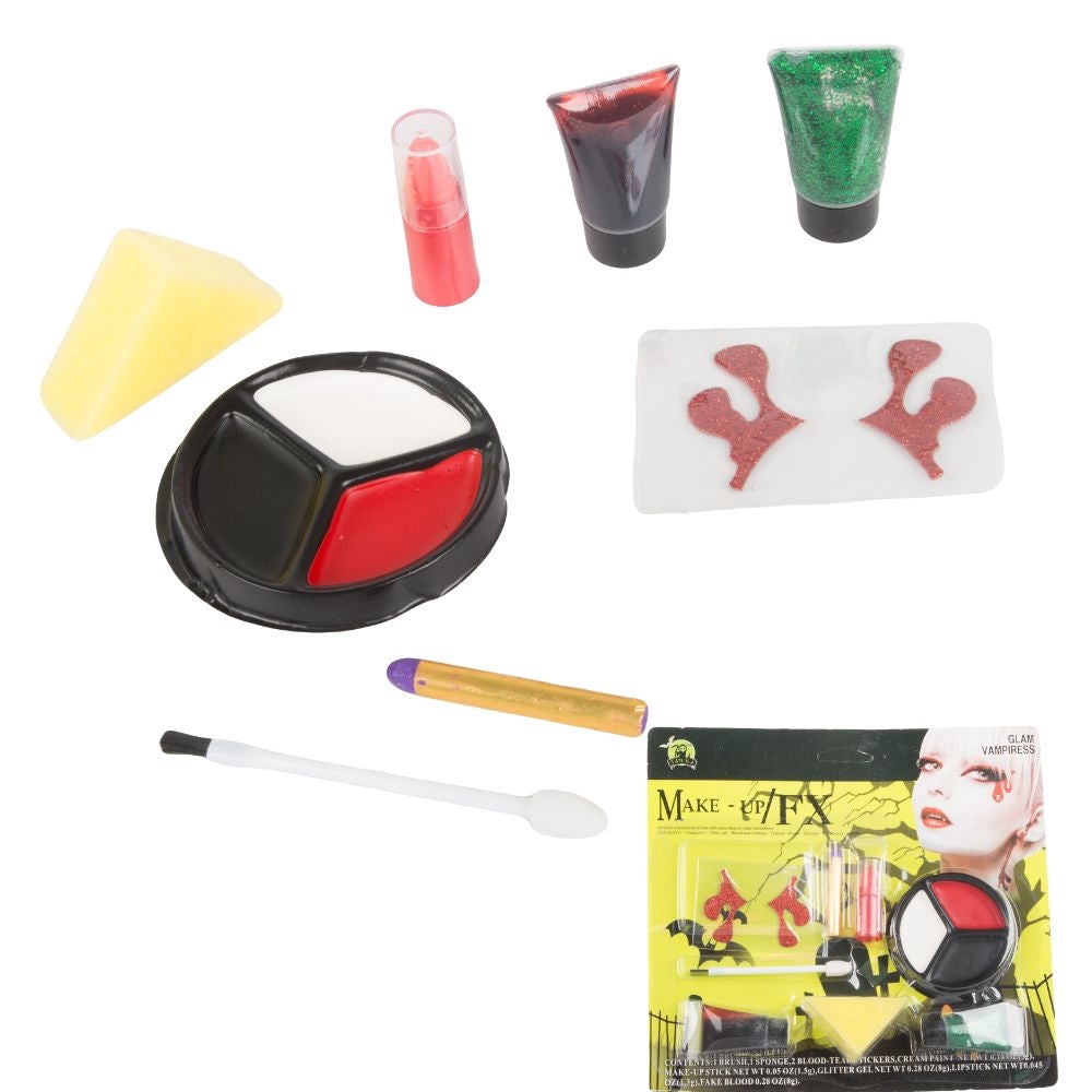 Halloween sminkkit vampyr med ansiktsfärg, fejkblod 8 ml och rött läppstift