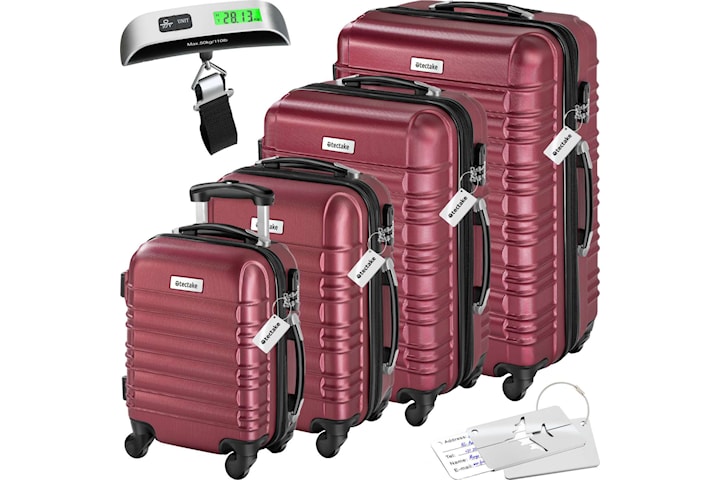 Resväskeset Mila - 4 resväskor, bagage med bagagevåg och namntaggar - vinröd