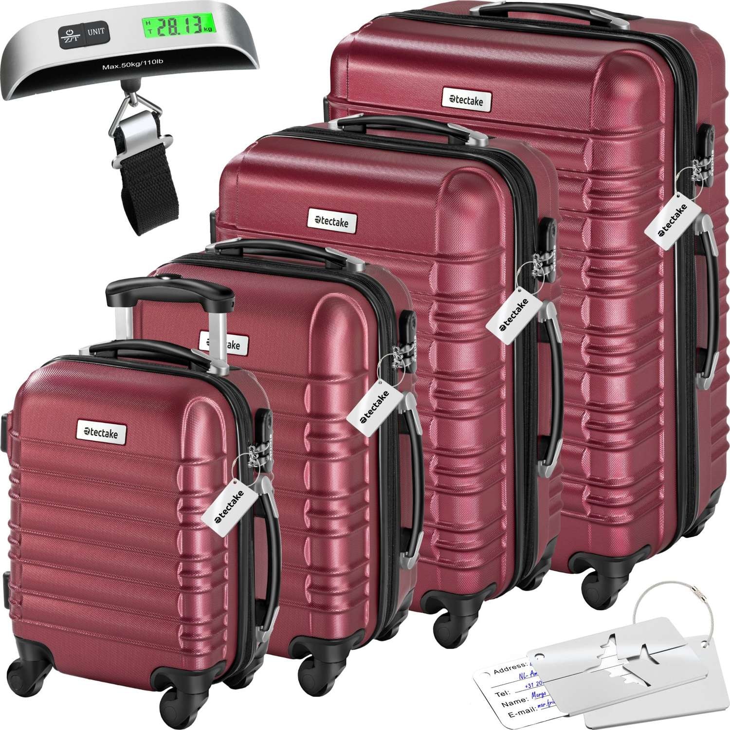 Resväskeset Mila - 4 resväskor, bagage med bagagevåg och namntaggar - vinröd (1 av 12)