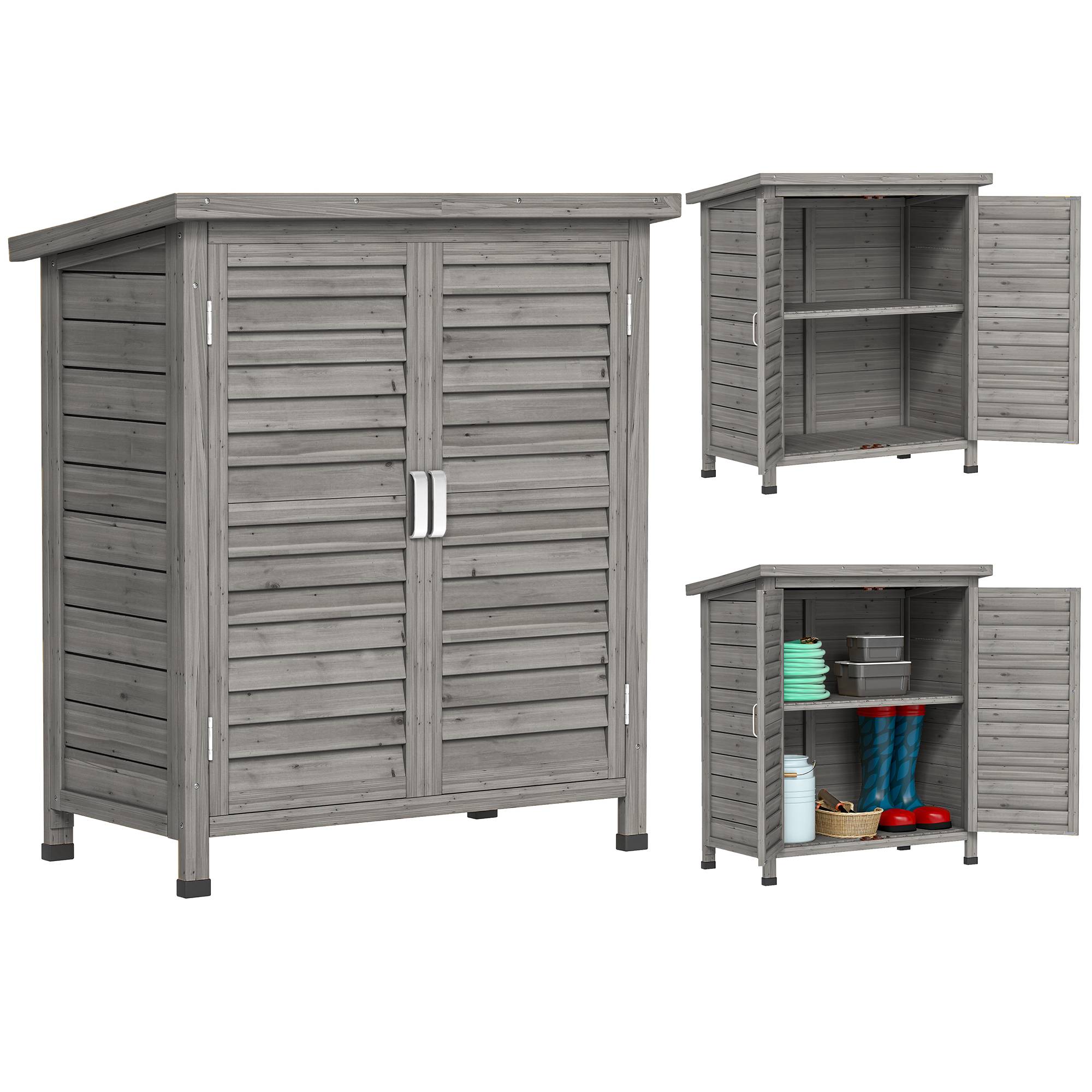 Trädgårdsskjul/verktygsförvaring med fristående hyllplan, lamelldörrar, bitumentak, gran, 87L x 46,5B x 96,5H cm, grå