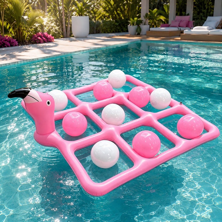 Uppblåsbart flamingo ringkastspel i PVC med 9 ringar för pool och bad