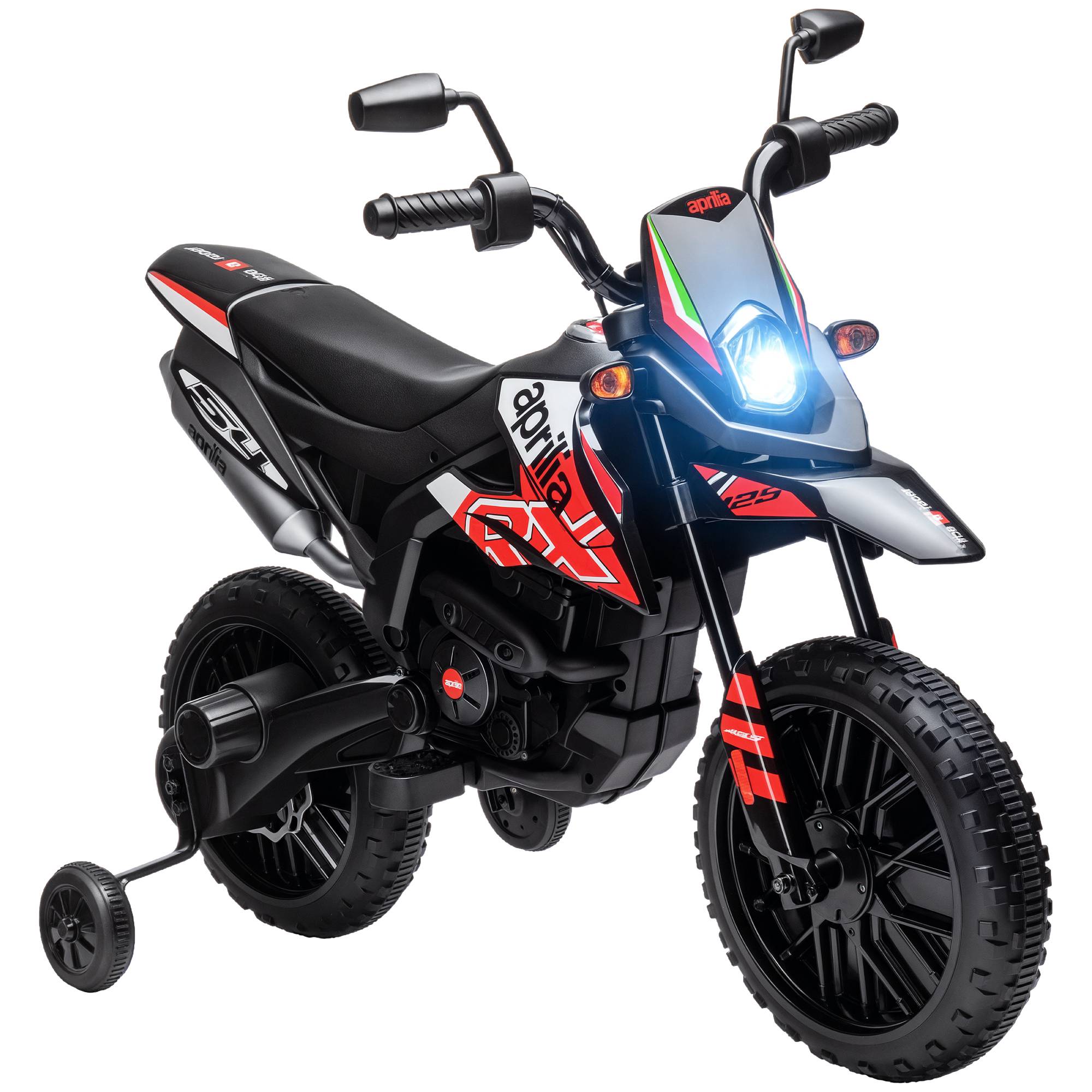 12V Elmotorcykel för Barn, Licensierad Aprilia, Med Avtagbara Stödhjul, 6 km/h, Bakfjädring, Röd