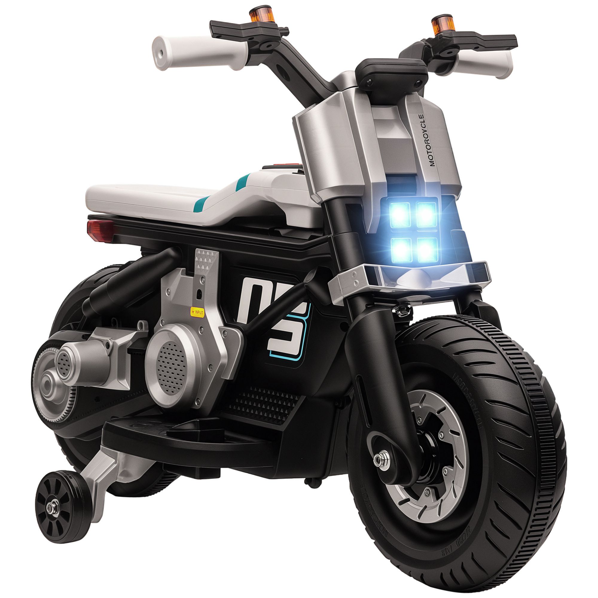 Elmotorcykel för barn med strålkastare, musik, tuta, hastighet 3 km/h för barn i åldrarna 3-5, 86x44x58cm, svart och vit
