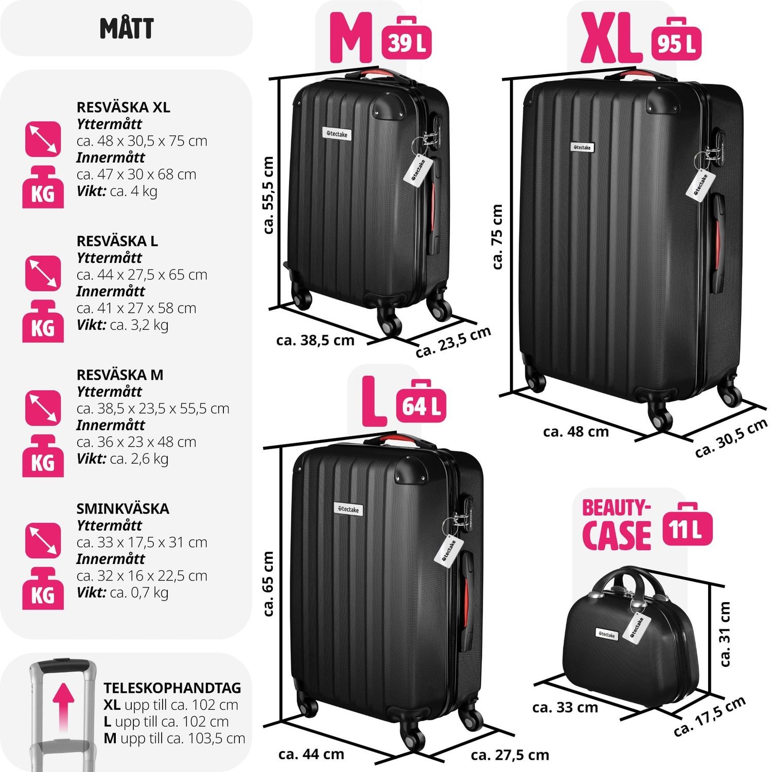 Resväskeset Cleo, 4 resväskor med bagagevåg och taggar - svart (5 av 12)