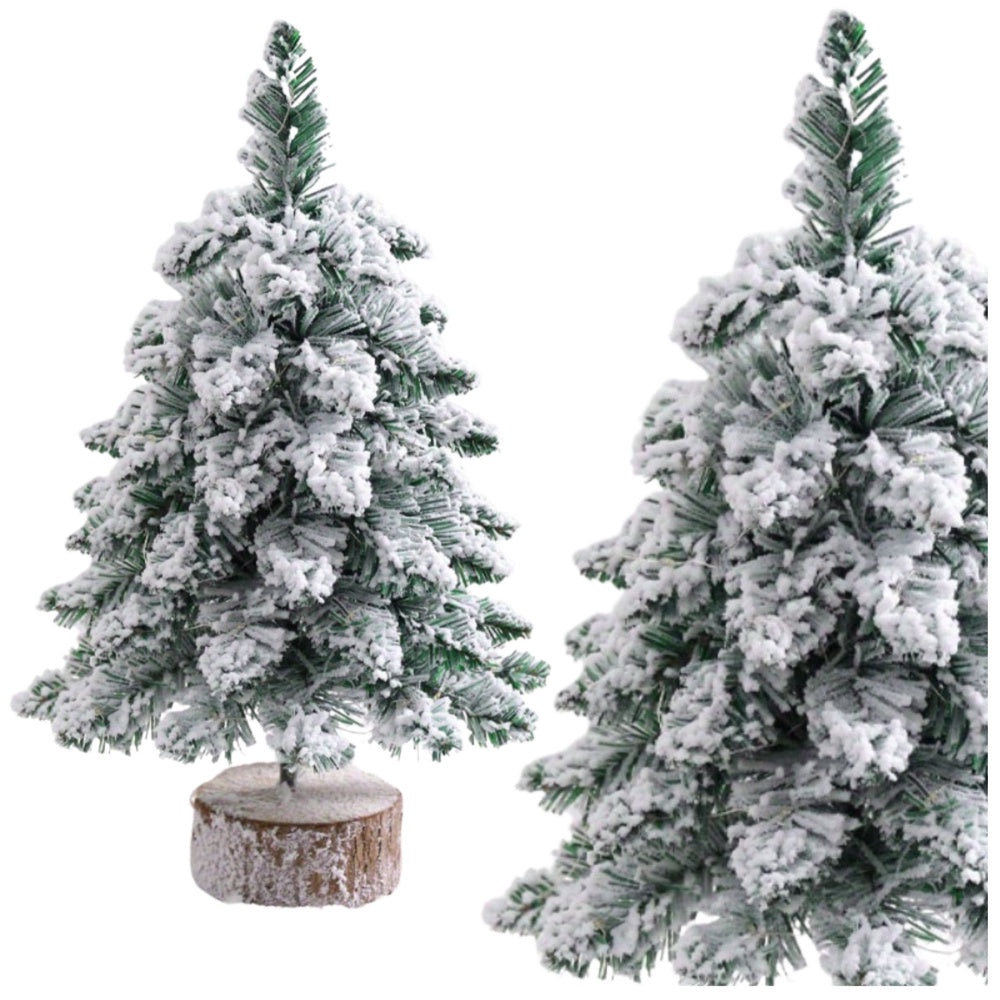 Dekorativ julgran 60 cm med snöeffekt och trästam, smal modell
