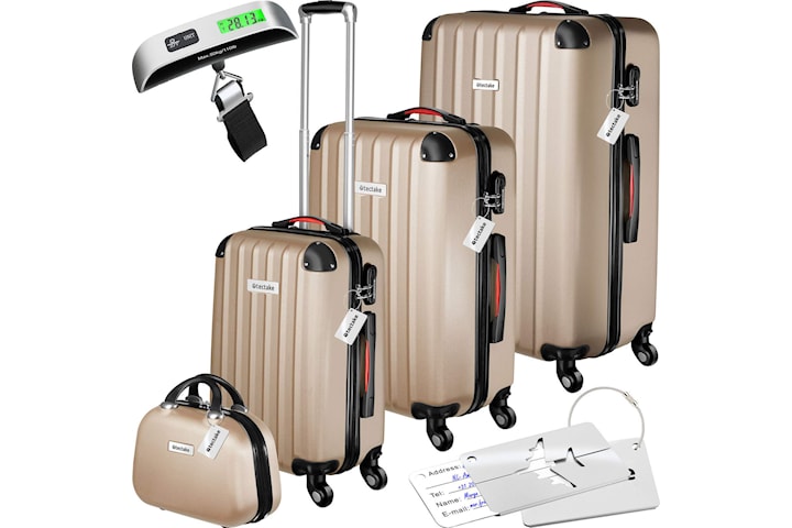 Resväskeset Cleo, 4 resväskor med bagagevåg och taggar - champagne