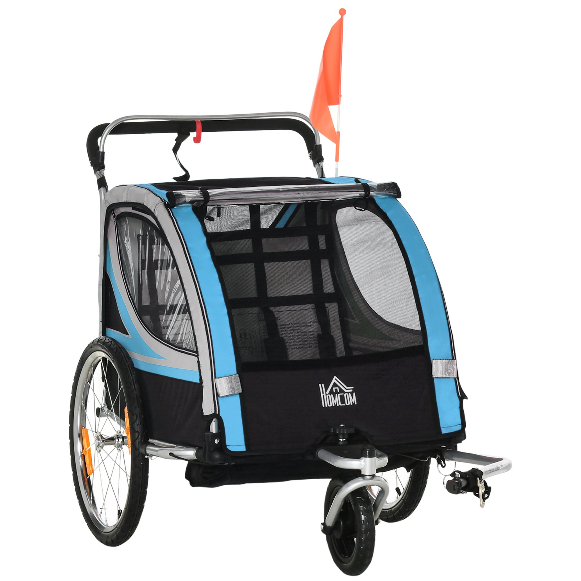 2-i-1 barncykelkärra och barnvagn med bälte, fickor och flagga, blå