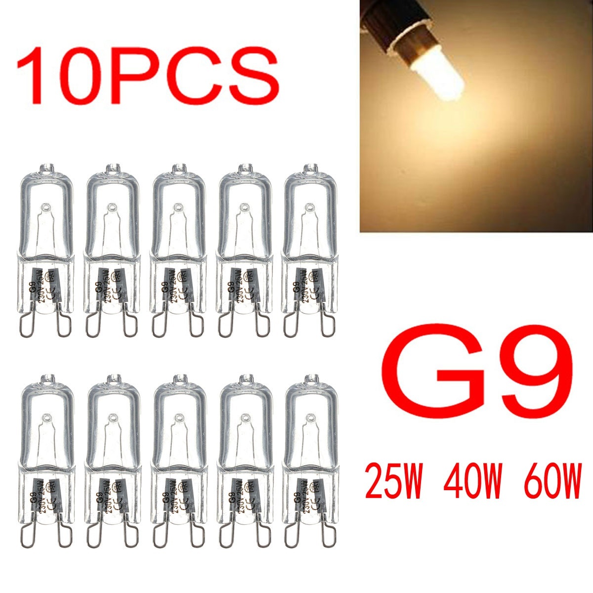 10-Pack G9 Halogenlampor 220-240V 25W 40W 60W Varmvit Ljus Optimal Belysning