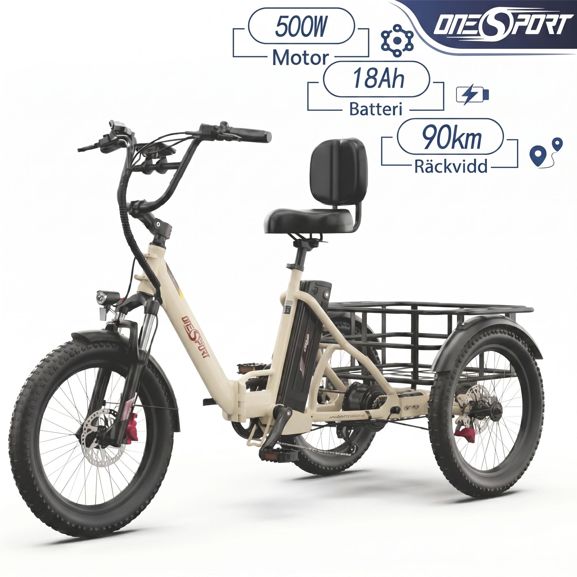 ONESPORT OT30 PRO elcykel, med justerbar saddel, 20*3" tums däck, 18Ah batteri, 500W Motor, maxlast 180 kg, räckvidd 90 km