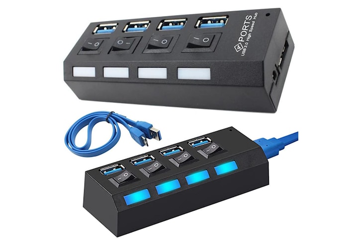 4-ports USB Hub med separate strømbrytere