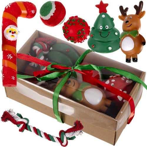 Hundleksakspaket jul 6-pack med tennisboll, rep och gummileksaker