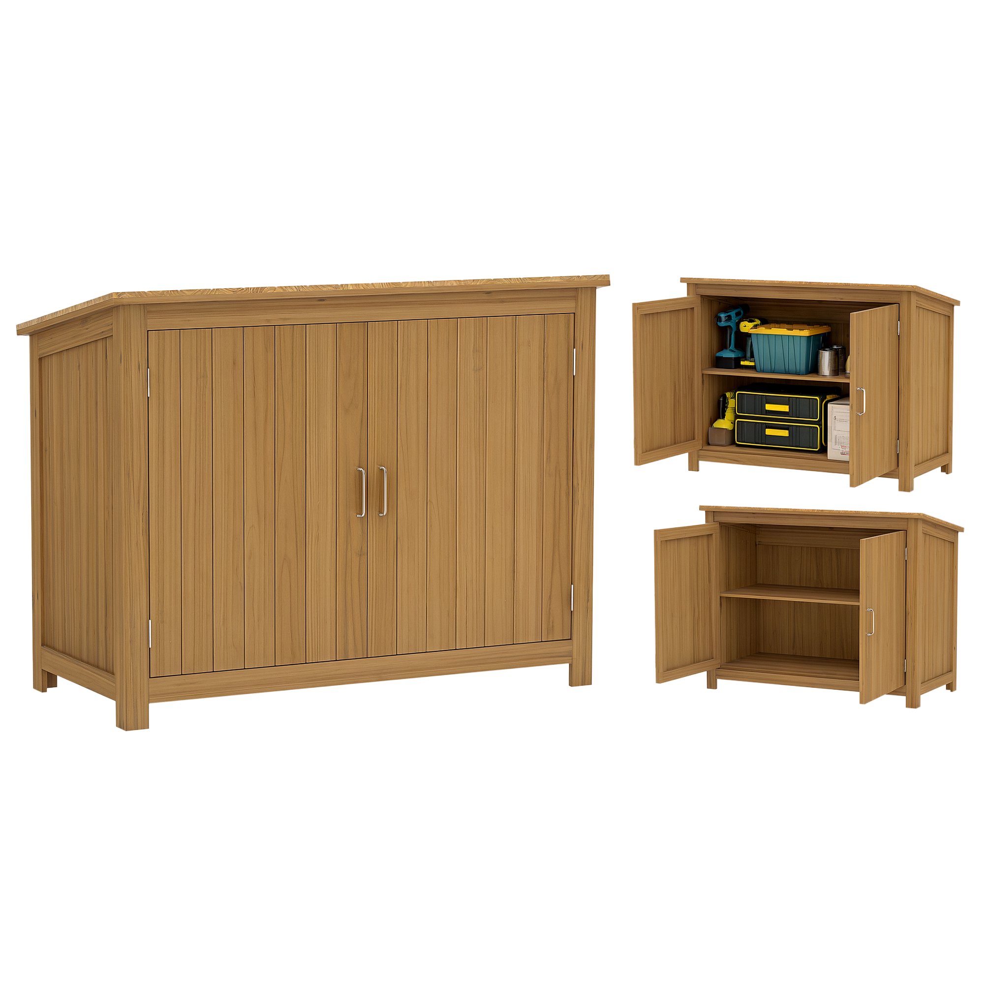 Trädgårdsskjul med sluttande tak, 2 hyllor och 2 dörrar, 110 x 50 x 85 cm, brun