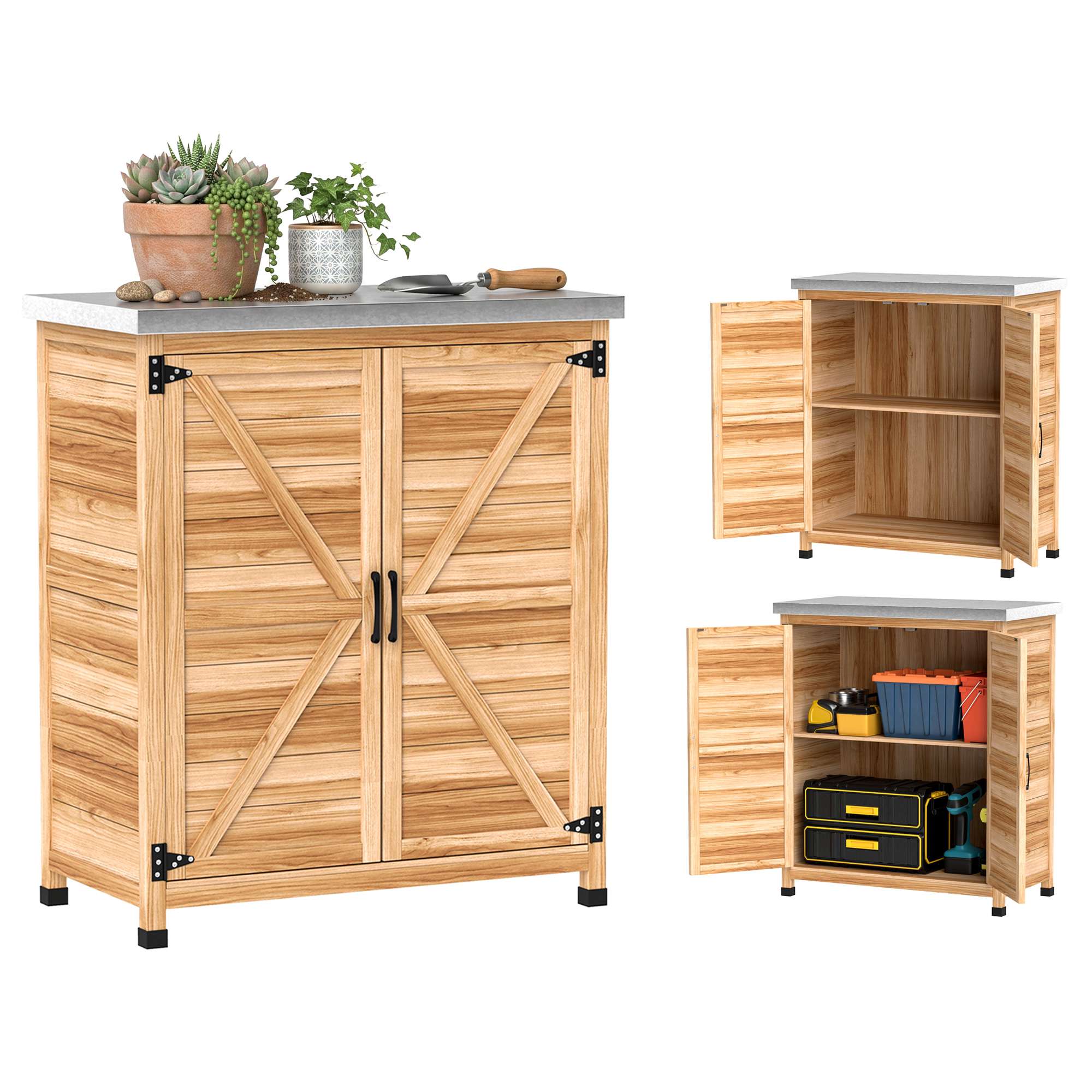 Träskjul för utomhusbruk med ståltak och 2 dörrar för verktygsförvaring 79x43x92 cm naturfärgad