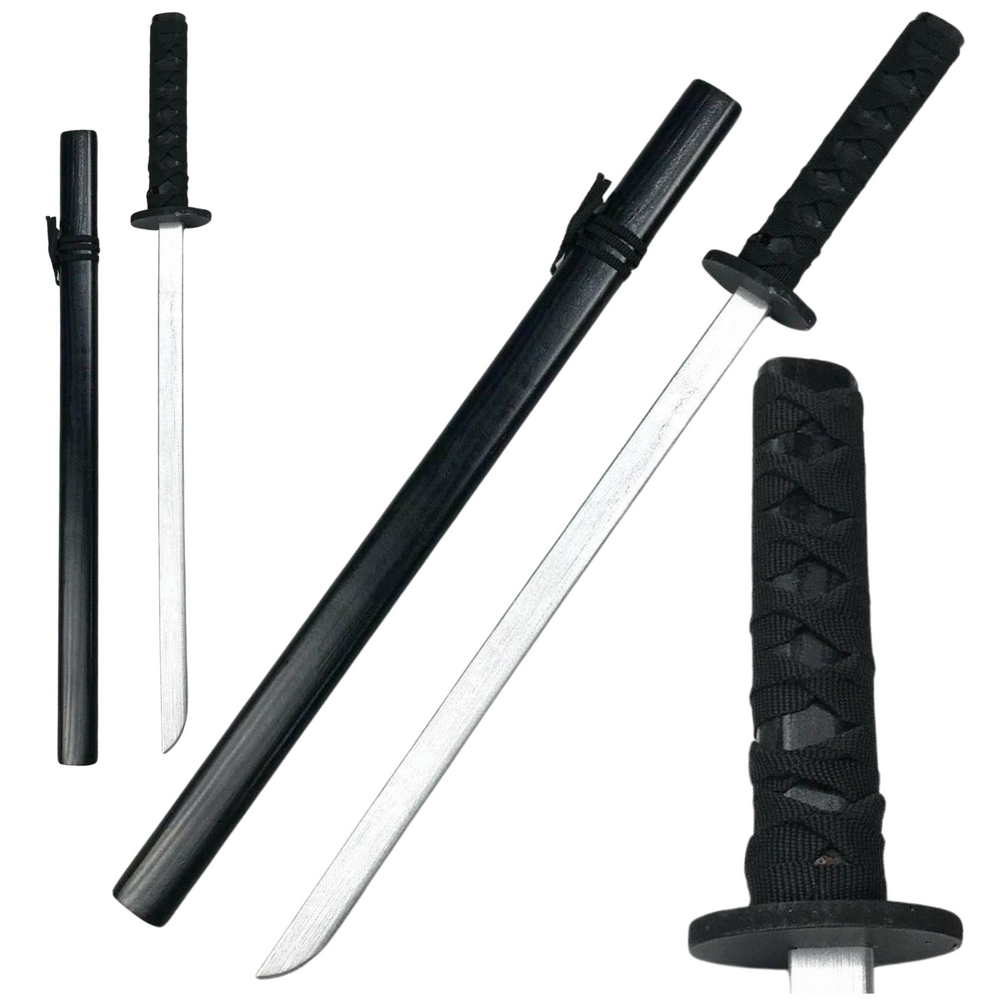 Träkatana 70 cm svart med tygsnöre på handtag för lek och träning