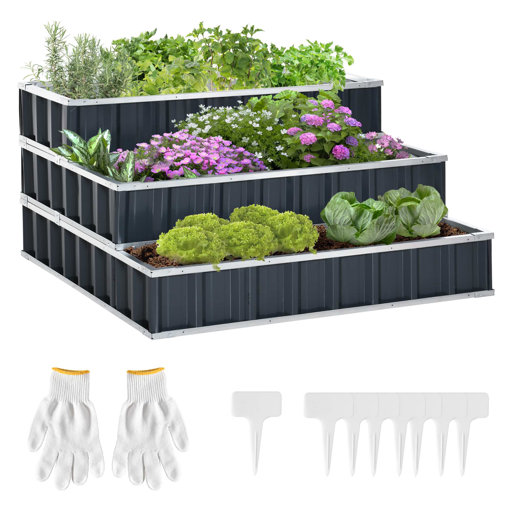 Upphöjd trädgårdsbädd i stål, T-form i 3 våningar, växtmarkörer, örtträdgård, blomsterstege, balkong, trädgård, 118x118x62 cm, mörkgrå