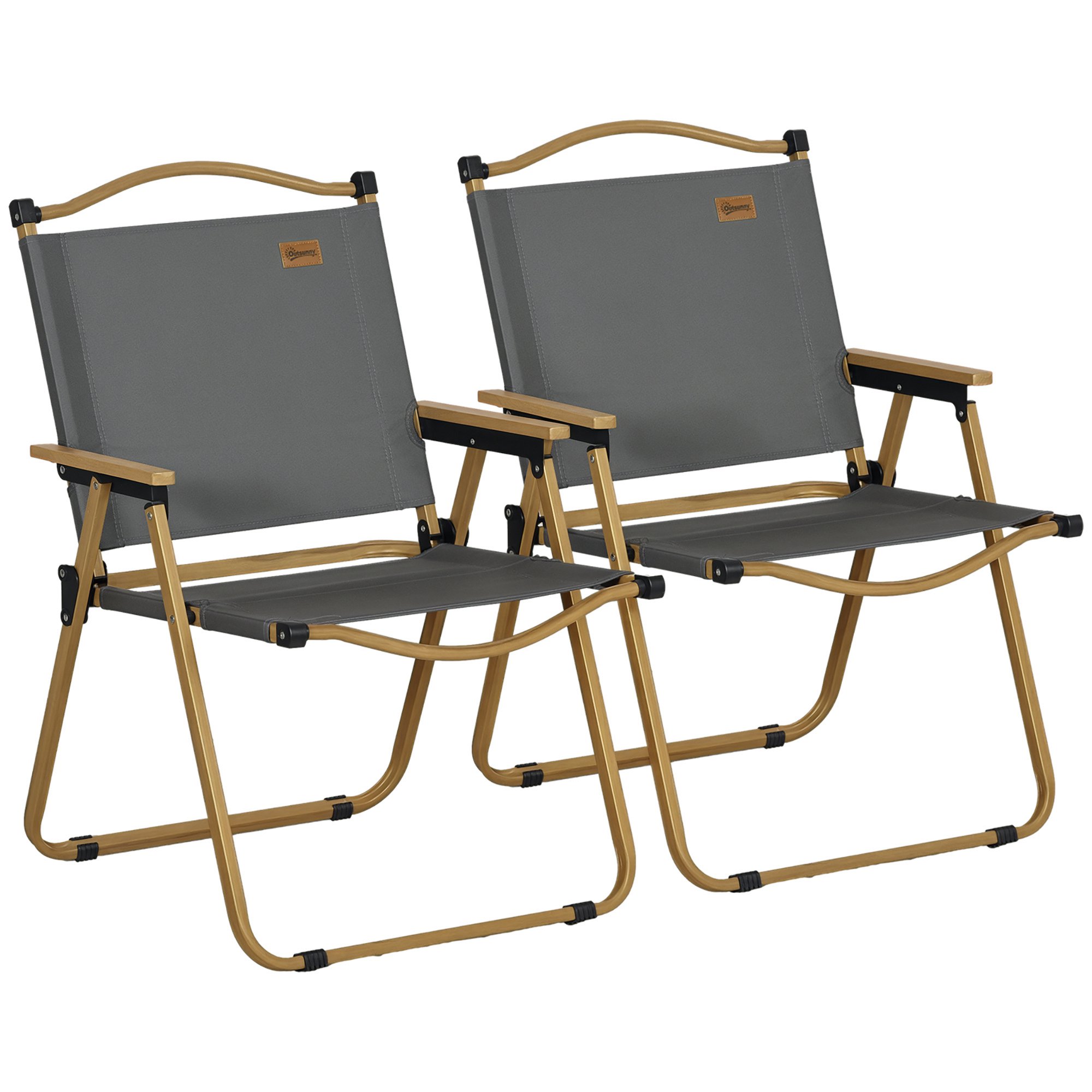 Campingstolar, set om 2, hopfällbara, stålram, trälook, mörkgrå strandstolar