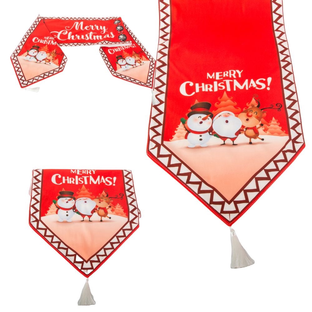 Julduk bordsrunner 205x35 cm röd med julmotiv och tofsar