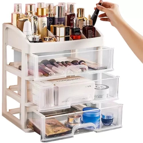 Kosmetikorganisatör med 3 transparenta lådor och 6 fack, PP 27x23,5x17 cm